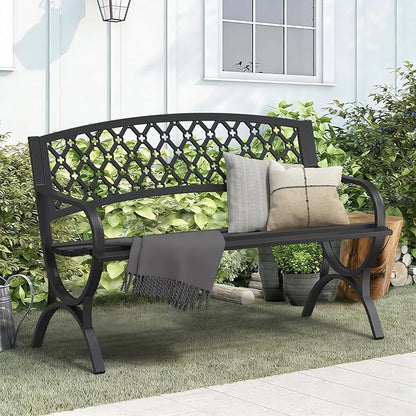 On Shine 50'' Patio Garden Bench, Loveseats Patio Park Bench,Black Steel Cast Iron Frame Bench,Metal Bench Outdoor for Porch Yard Lawn Deck (Grid)