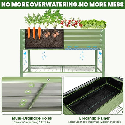 Elevated Raised Garden Bed 2' x 4'- Galvanized Metal Planter Boxes with Legs & Storage Rack, Outdoor Planters for Backyard/Patio/Balcony, with Drainage Holes for Vegetables, Flowers, Herbs, Green