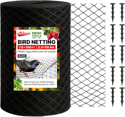 Heavy Duty Bird Netting for Garden Protection & Fruit Trees, 7.5x100 Ft with 10 Stakes – Black Anti-Bird Net for Poultry, Deer, & Squirrel Protection, Durable Nylon Mesh for Garden and Yard Use