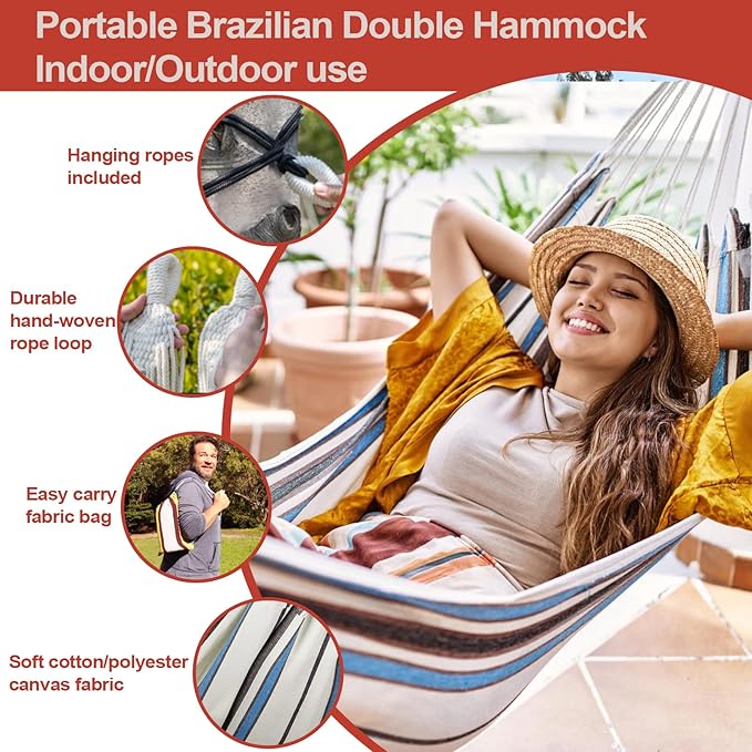 JoyView Brazilian Hammock for Single Preson Portable Hammock with Hanging Ropes & Carry Bag Large 78.8x39.4” for Patio 300LBS Capacity Perfect for Outdoor/Indoor - Color Stripes