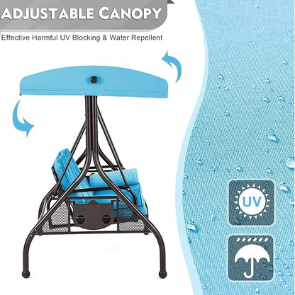 HOMREST 3 Seat Outdoor Porch Swing with Adjustable Canopy, Convertible Patio Swing Bed with Stand, Patio Glider Swing with Upgraded Cup Holder, Thicken Cushions ＆ Pillow for Backyard（Sky Blue）