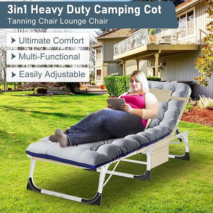 ABORON Sun Tanning Chair, 3 in 1 5 Positions Adjustable Heavy Duty Folding Chaise Lounge Chairs, Oversized with Mat/Pillow/Face Arm Hole, for Beach Pool Lawn Yard Patio