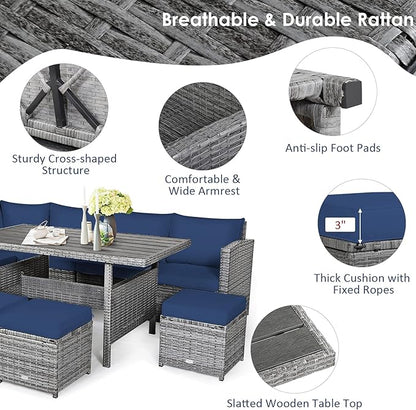 Tangkula 7 Pieces Patio Furniture Set, Outdoor Sectional Rattan Dining Sofa Set with Cushions, All Weather Wicker Conversation Couch Set with Dining Table & Ottomans for Yard Garden Poolside, Navy