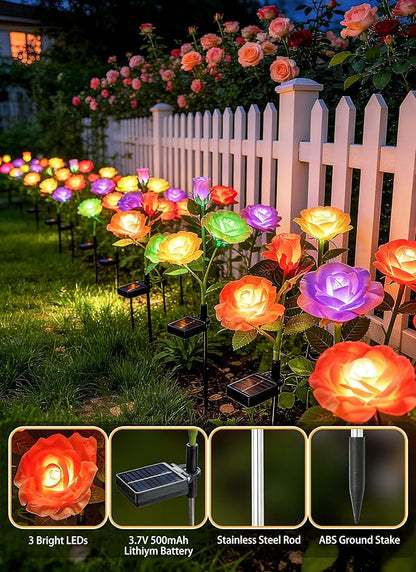 Brightown Outdoor Solar Flower Lights, 4 Pack 7-Color Changing Solar Garden Lights with Larger & More Realistic Rose, Bigger Solar Panel, Waterproof Solar Lights for Yard Garden Lawn Pathway Decor