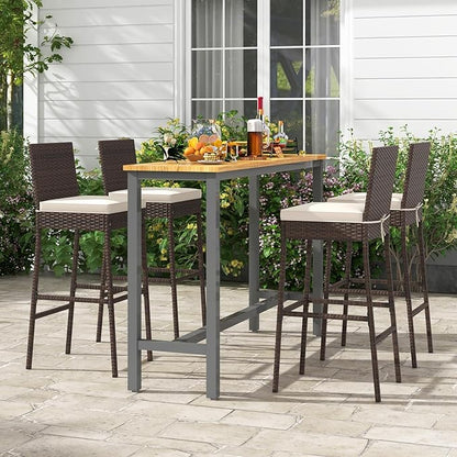 HAPPYGRILL Wicker Patio Barstools Set of 2, Outdoor Rattan Bar Chairs with Footrest & Backrest, Armless High Top Chairs with Seat Cushions for Backyard, Balcony