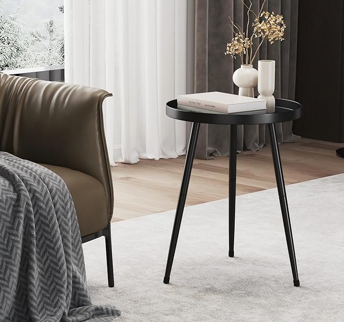 End Table: Round Black Metal Side Table, Mid-Century Style, 23-Inch Height