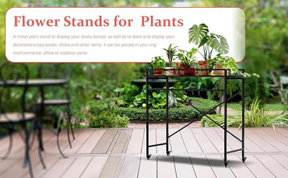 Zhongma 1 Tier Sturdy Metal Plant Stand with Wheels, 40.5x16x40.4 in High, Heavy Duty Succulent Shelf for Home Indoor and Outdoor, 220 LBS Capacity & Heavy Duty Construction