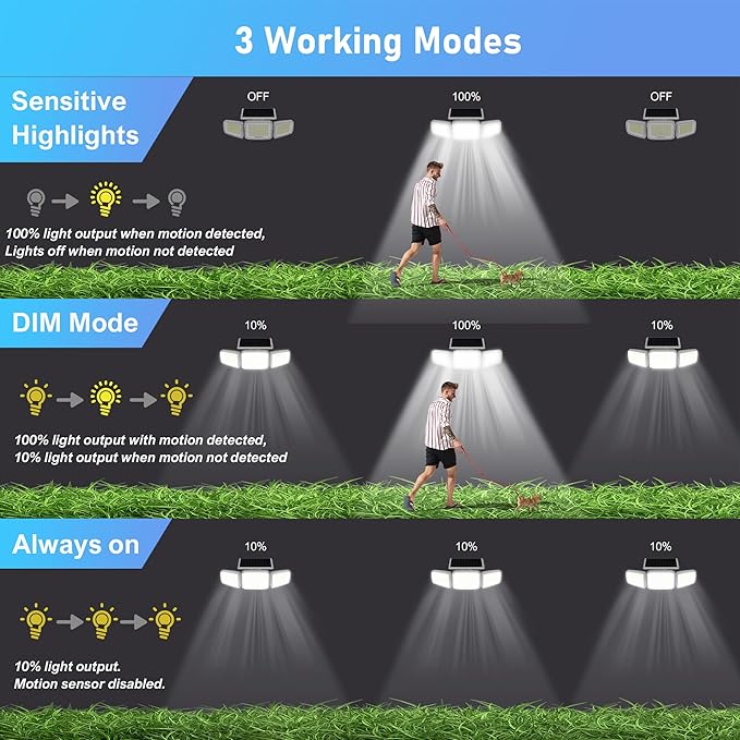 White Solar Security Light Outdoor Super Bright LED, Motion Sensor Flood Light, 3 Heads 270° Wide Angle, Remote Control, IP65 Waterproof, 3 Modes (1 Packs)