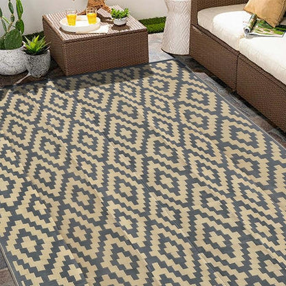 SAND MINE Reversible Mats, Plastic Straw Rug, Modern Area Rug, Large Floor Mat and Rug for Outdoors, RV, Patio, Backyard, Deck, Picnic, Beach, Trailer, Camping (8' x 10', Grey Tan Lattice)
