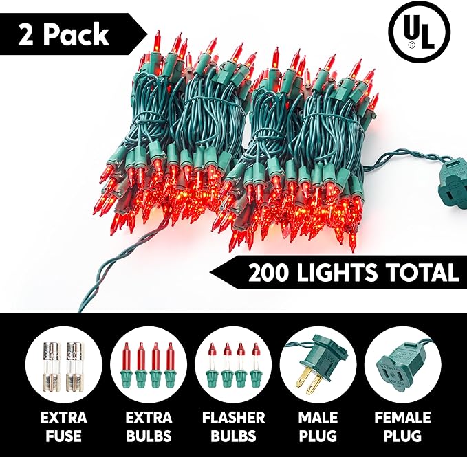 String Lights, 42.8 ft Red Incandescent with 200 T5 Bulbs, Green Wire