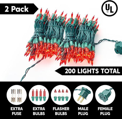 String Lights, 42.8 ft Red Incandescent with 200 T5 Bulbs, Green Wire