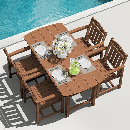 5-Piece Outdoor Dining Furniture Set with Chairs, All-Weather HDPE Patio Table and 4 Chairs, Umbrella Hole, for Garden Backyard or Deck - Teak