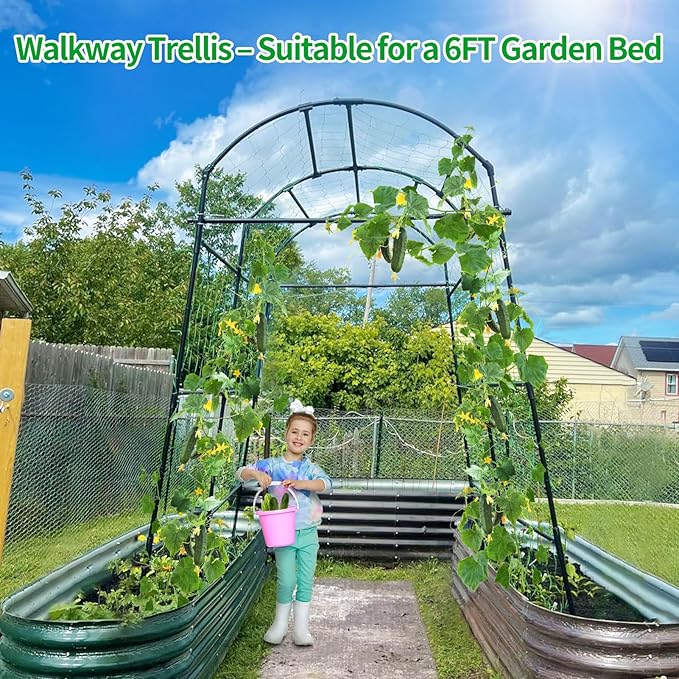 Lalahoni Garden Arch Trellis for Climbing Plants Outdoor, 7.8 Feet Tall Metal Large Archway Arbor Trellis Vine Plant Vegetables Squash Pumpkin Peas Beans Cucumber for Garden Raised Bed, Black