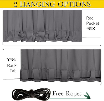 NICETOWN 2 Panels Blackout Weighted Outdoor Curtains for Patio Waterproof, Grommet & Back Tab on Top & Bottom Keep Privacy Light & Sound Block for Porch with Bonus Rope for Fixed, Grey, W52 x L72