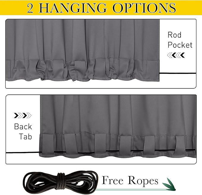 NICETOWN 2 Panels Weighted Blackout Curtains for Patio Waterproof, Top & Bottom Grommet & Back Tab Fixed Outdoor Curtains Windproof Drapes Thermal Insulated for Porch, W66 x L84, Grey