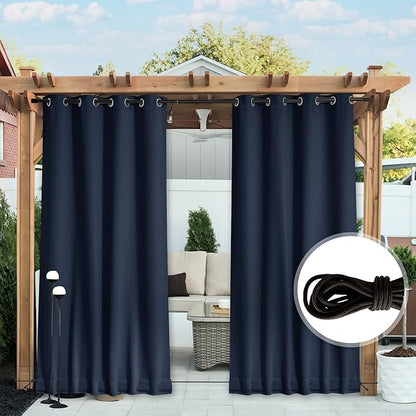NICETOWN 2 Panels Outdoor Curtains for Patio Waterproof & Windproof, Thermal Insulated Top & Bottom Grommet & Back Tab Sun Blocking Outdoor Drapes with Fixed Rope for Gazebo, Navy Blue, W66 x L90