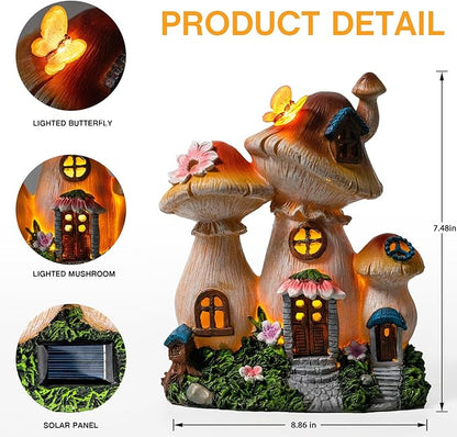 Solar Garden Statue Lights Mushroom Mothers Day Decorations Fairy House Figurine Lights, Outdoor Memorial Garden Ornaments Waterproof Decoration for Outside Patio Yard Lawn Decor