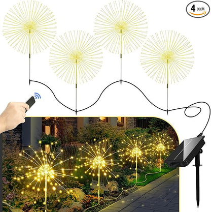Anordsem Solar Fireworks Lights Outdoor: 4 Bendable Copper Wire 120 LEDs String Lighting - Waterproof DIY Warm Decoration for Yard Garden Proch - Gardening Gifts for Garden Lovers