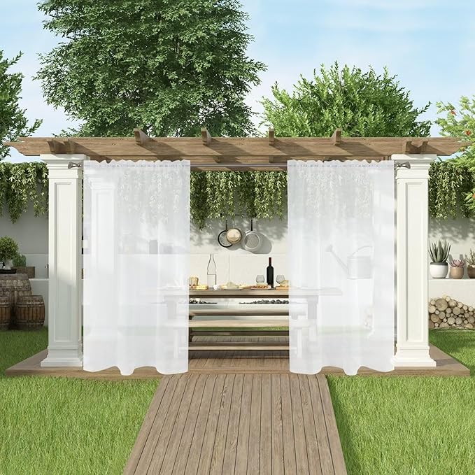 SpaceDresser Waterproof Outdoor Sheer Curtains for Patio - 4 Panels Rod Pocket Indoor Voile Sheer Curtain for Living Room,52W x 120L inch,White