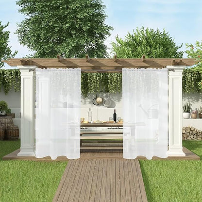 SpaceDresser Waterproof Outdoor Sheer Curtains for Patio - 2 Panels Rod Pocket Indoor Voile Sheer Curtain for Living Room,52W x 96L inch, White