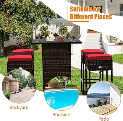 Tangkula 5 Piece Outdoor Rattan Bar Set, Patio Bar Furniture with 4 Cushions Stools and Smooth Top Table with Hidden Storage Shelf, Outdoor Conversation Set for Poolside, Backyard, Lawn (Red)