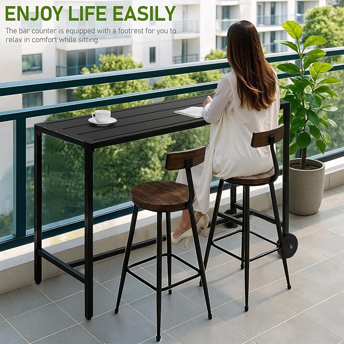 Outvita Outdoor Bar Table, 37" Height Wheeled Patio Pub Table with Waterproof Frame and Adjustable Foot for Hot Tub, Patio, Backyard, Balcony, Hallway, Bistro Rectangle, Black