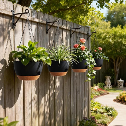 4 Pack 8 Inch Self Watering Hanging Planters for Indoor Outdoor Plants，Hanging Pots for Plants with Drainage Removable Tray, Hanging Baskets Flower Pots for Pothos Spider Garden Black with Brown
