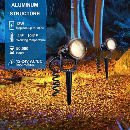 SUNVIE 24 Pack Low Voltage Landscape Lights LED 12W Landscape Lighting with connectors AC/DC 12V-24V Outdoor Spotlight IP65 Waterproof Tree Flag Lights Warm White Spotlights for Yard Garden Pathway