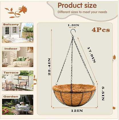 12 inch Metal Hanging Baskets For Plants Outdoor 4 Pack Round Metal Wire Hanging Basket Planter with Coco Fiber Liners Chain Round Wire Plant Holder for Garden, Patio, Deck, Porch Plants Flower Potss