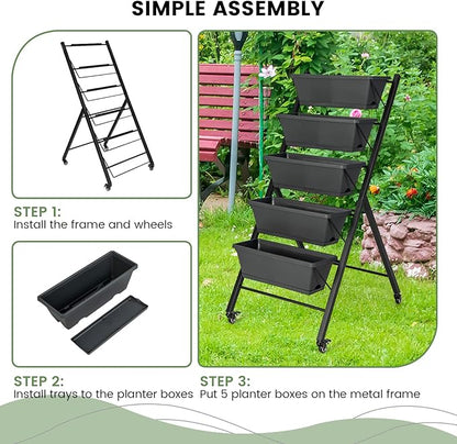 Giantex Set of 2 Vertical Raised Garden Bed on Wheels, Elevated Planter Raised Beds with Water Drainage, Freestanding 5 Container Boxes for Vegetables and Flowers Growing, Outdoor Indoor Patio Balcony