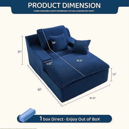 63" Chaise Lounge Chair Indoor, Set of Convertible Sleeper Sofa Couch with Throw Pillows & Side Pockets, Corduroy Upholstered Oversized Sofa Bed with Armrests for Living Room Bedroom, Blue