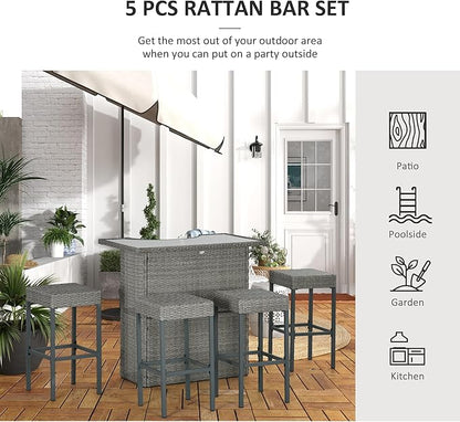 Outsunny 5 Piece Wicker Outdoor Bar Set, High Top Outdoor Table and Chairs, Bar Height Patio Set with Glass Table Top 2 Tier Storage Shelf and 4 Bar Stools for Garden, Poolside, Gray
