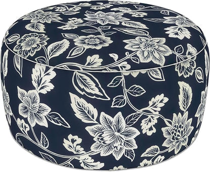 LVTXIII Indoor/Outdoor Extra Large Inflatable Ottoman Pouf D31 x H14 Inch, Round Footstool with Handle, Weather-Resistant Portable Furniture for Patio, Camping, Beach, Elegant Vines Navy