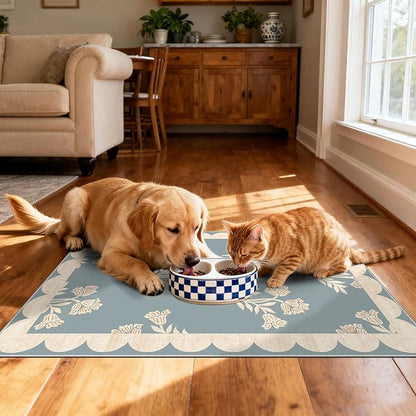Outdoor Rugs Floral Scalloped Edge Non-Slip Door Mat, Blue 2x3