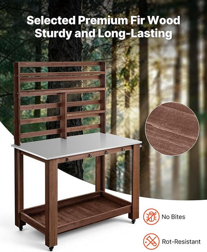 VEVOR Potting Bench Table, Outdoor Gardening Workstation with 45 x 26 in Stainless Steel Tabletop, Storage Shelves, 4 Casters, Hooks, Garden Planting Work Station for Outside Patio, Backyard, Brown