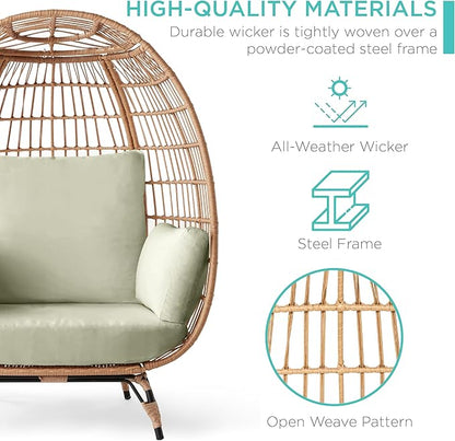 Best Choice Products Wicker Egg Chair, Oversized Indoor Outdoor Lounger for Patio, Backyard, Living Room w/ 4 Cushions, Steel Frame, 440lb Capacity - Sage