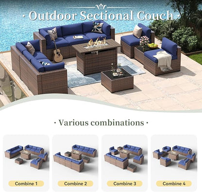 Aoxun 11 Piece Patio Furniture Set with 44” Fire Pit Table Wicker Rattan Outdoor Sectional Sofa Set with Coffee Table and 4” Thickened Cushions, Blue (Waterproof Cover Included)