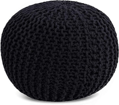 FRELISH DECOR Round Pouf Ottoman Hand Knitted 100% Cotton Pouf Foot Stool - Knitted Bean Bag - Floor Chair for Living Room Bedroom - Foot Rest for Couch (20 Diameter x 14 Height) - Black