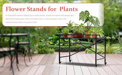 Zhongma Sturdy Metal Plant Stand with Wheels, 36.6 x 16 x 26.2 in High, Heavy Duty Succulent Shelf for Home Indoor and Outdoor, 220 LBS Capacity & Heavy Duty Construction