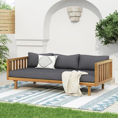 Merax Solid Acacia Wood Couch Chaise Lounge Chair Indoor, 3 Seater Daybed Sofa Couches with Cushions & Pillow, Heavy Frame Day Bed for Living Room, Office, Outdoor, Balcony, Patio, Water Resistant
