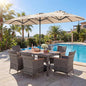 Tangkula 9 Piece Rattan Outdoor Dining Set with 13Ft Umbrella for 6, Outdoor Wicker Table Set with 6 Cushioned Armchairs, Acacia Wood Top, Outdoor Umbrella & with Base Included