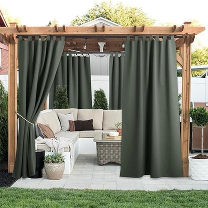 NICETOWN 2 Panels Greyish Green Long Outdoor Curtainss for Patio Waterproof, Detachable Sticky Tab Top Blackout Indoor Outdoor Blinds Heat & Cold Blocking Privacy for Gazebo/Porch, W52 x L108