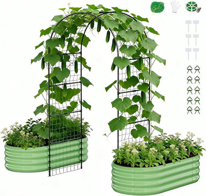 DoCred 3 in 1 Raised Garden Bed with 87in Tall Arch Trellis for Climbing Plants, Galvanized Planter Garden Box Outdoor for Gardening, Climbing Vegetables, Flower, Green