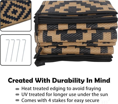 SAND MINE Reversible Mats, Plastic Straw Rug, Modern Area Rug, Large Floor Mat and Rug for Outdoors, RV, Patio, Backyard, Deck, Picnic, Beach, Trailer, Camping, Black & Brown, 8' x 10'
