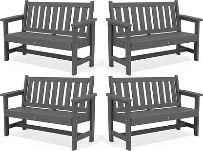 SERWALL Outdoor Bench, HDPE Outdoor Benches Weatherproof, 2-Person Garden Bench with 660 lbs Weight Capacity, Patio Benches for Outdoors, Garden, Porch, Backyard and Park, Grey, 4 Pack
