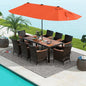 Tangkula 11 Piece Rattan Outdoor Dining Set with 15Ft Patio Umbrella for 8, Outdoor Wicker Table Set with 8 Cushioned Armchairs, Acacia Wood Top, Outdoor Umbrella with Base Included