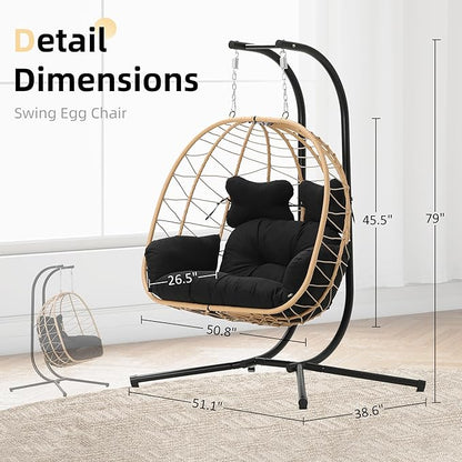 DoubleTT Double Indoor/Outdoor Wicker Swing Egg Chair Hammock Foldable Hanging Loveseat with Stand, UV Resistant Removable Cushions, 700LBS Capacity for Bedroom, Balcony, Garden (Yellow and Black)