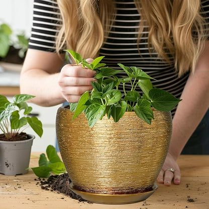 Ceramic Plant Pot 8 Inch - Planter for Outdoor Plants Indoor Plant Pot with Drainage Hole and Saucer Decorative Round Planter Modern Flower Pot for House Decor Gold