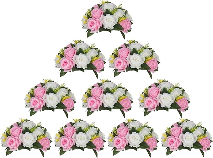 Artificial Rose Flower Balls Centerpiece, Pink and White Silk, 10 cm Base