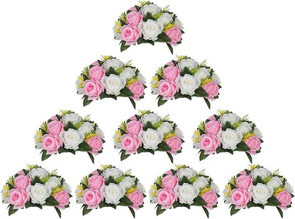 Artificial Rose Flower Balls Centerpiece, Pink and White Silk, 10 cm Base